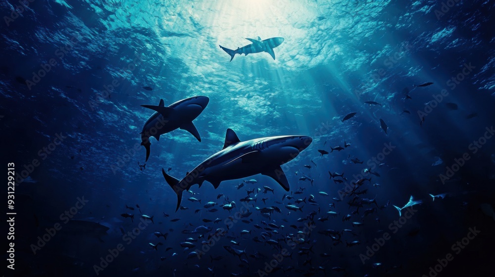 Fototapeta premium Underwater scene featuring sharks swimming in rays of light.