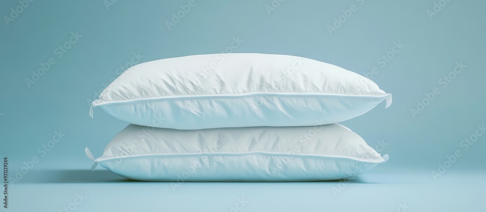 Two White Pillows Stacked on a Blue Background Two White Pillows Stacked on a Blue Background