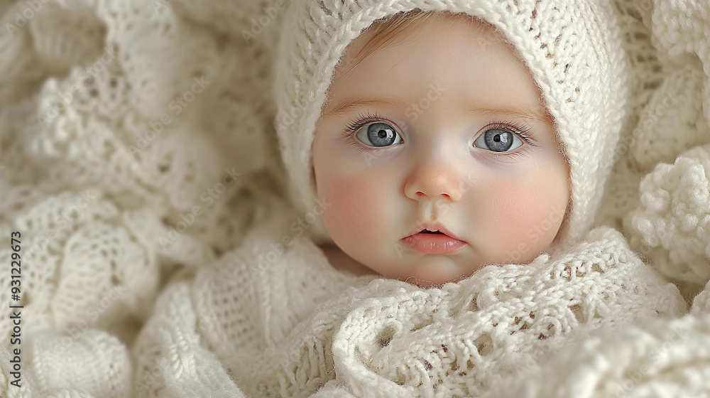 A calm baby with bright eyes is nestled in a warm knitted blanket, wearing a matching hat, exuding tranquility in soft lighting A calm baby with bright eyes is nestled in a warm knitted blanket, wearing a matching hat, exuding tranquility in soft lighting