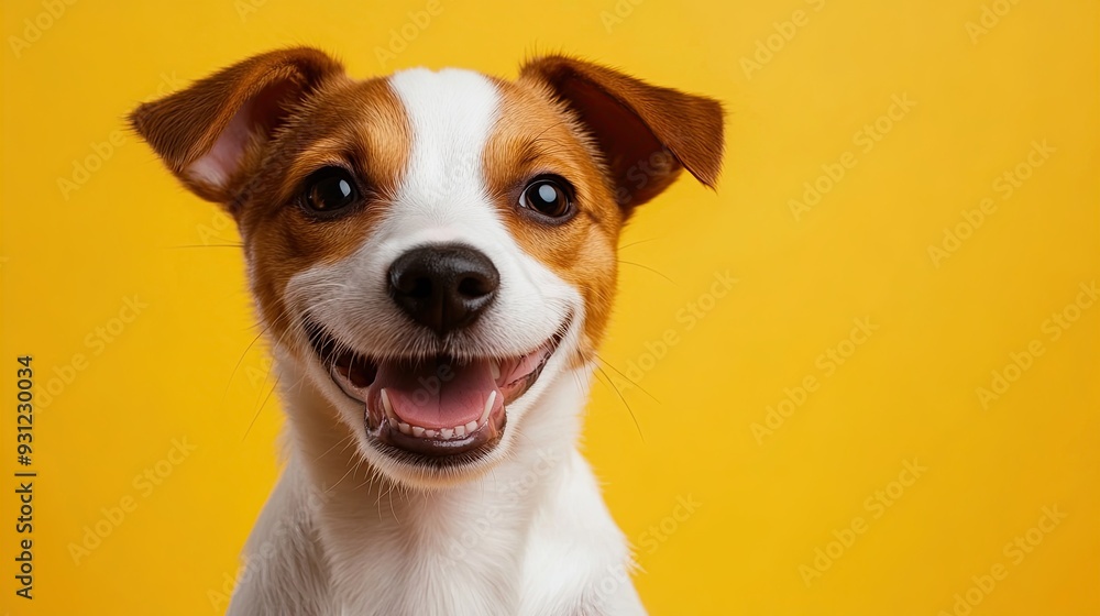 Happy dog with brown and white fur smiling at the camera on a yellow background. Happy dog with brown and white fur smiling at the camera on a yellow background.