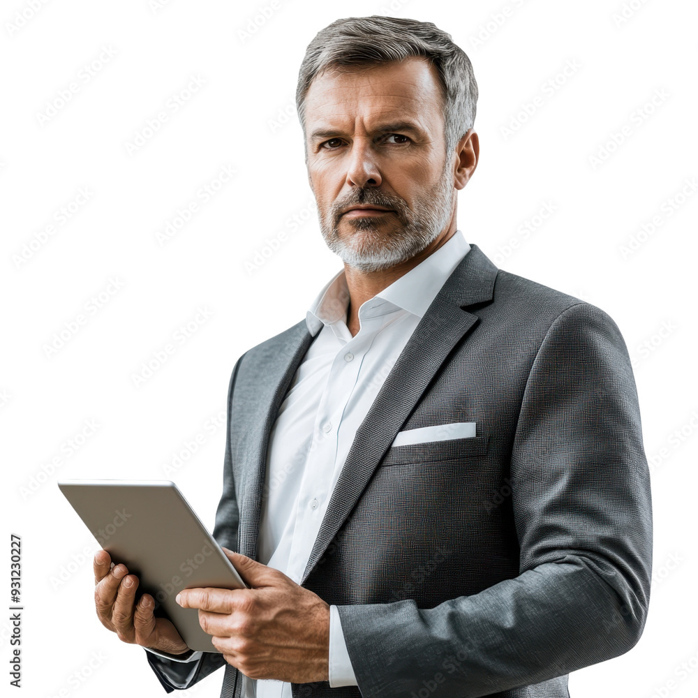 Mature businessman in a suit holding a tablet, representing modern corporate leadership, isolated on transparent background, ideal for business themes Mature businessman in a suit holding a tablet, representing modern corporate leadership, isolated on transparent background, ideal for business themes