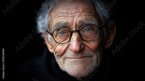 An elderly man with round glasses exudes warmth with a gentle smile while surrounded by a dark background, capturing a sense of serenity and wisdom