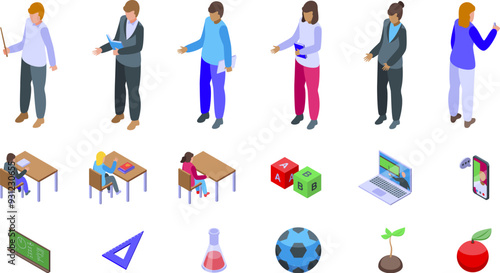 Teachers explain icons set. Teachers giving lesson to students in classroom and remotely with modern equipment isometric 3d icons set for web, mobile, infographics