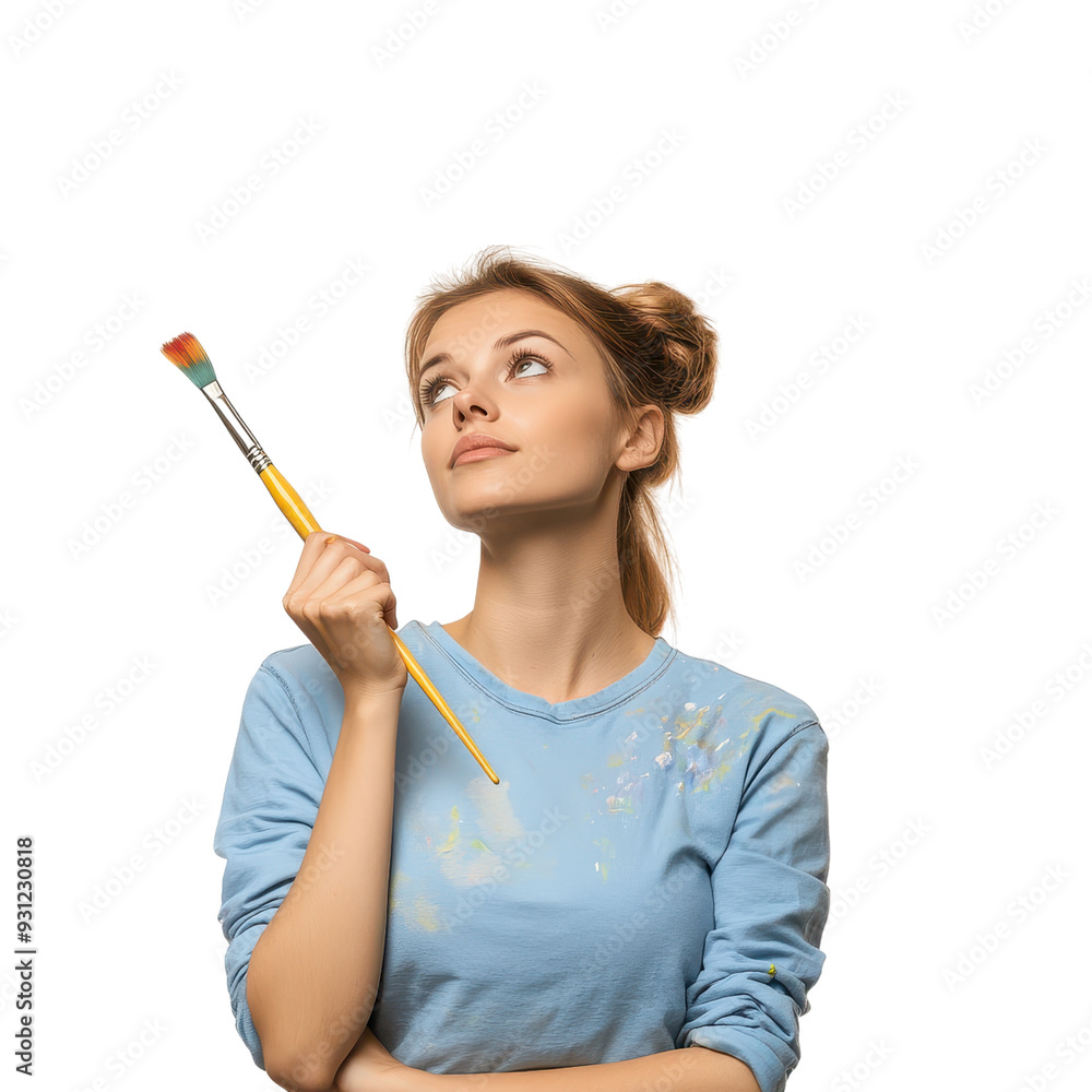 Young woman holding a pencil, deep in thought, representing creativity and planning, isolated on transparent background, ideal for design and education content Young woman holding a pencil, deep in thought, representing creativity and planning, isolated on transparent background, ideal for design and education content