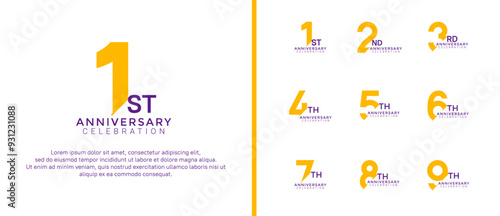 anniversary logo style set with purple and yellow color can be use for celebration moment