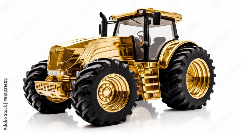 Golden tractor with big wheels isolated on white. Neural network ai generated art Golden tractor with big wheels isolated on white. Neural network ai generated art