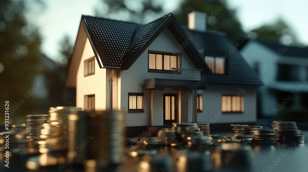 Geld gestapelt neben Einfamilienhaus 3d Marktwert einer Immobilie oder Eigenheim teure Investition fürs Leben Nachhaltigkeit Generative AI Geld gestapelt neben Einfamilienhaus 3d Marktwert einer Immobilie oder Eigenheim teure Investition fürs Leben Nachhaltigkeit Generative AI
