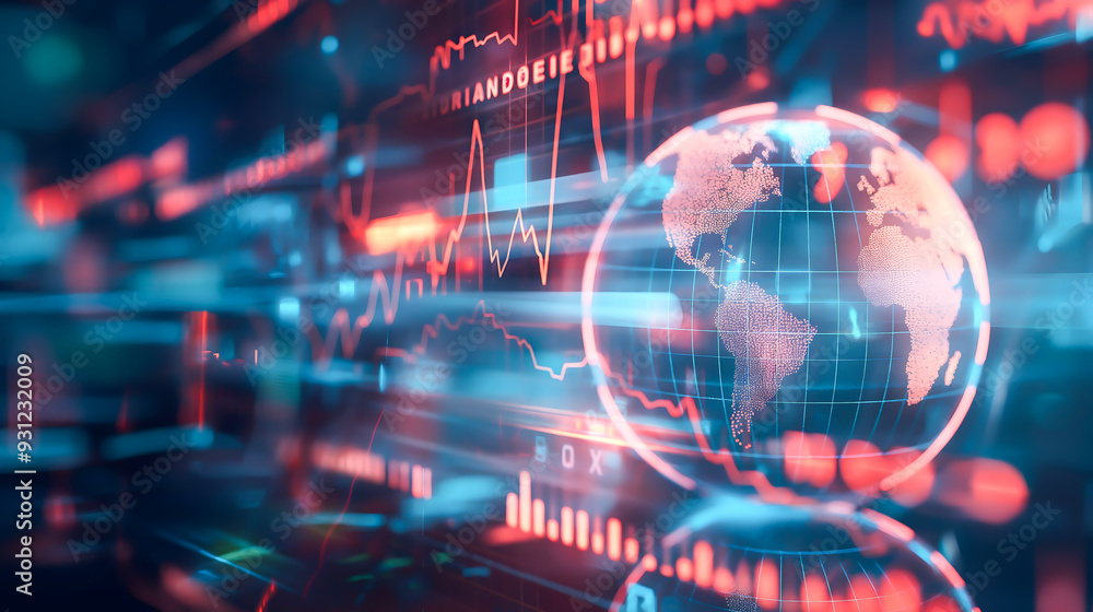 3D holographic glowing futuristic globe, Global network with blurred business finance data analytics graph on background