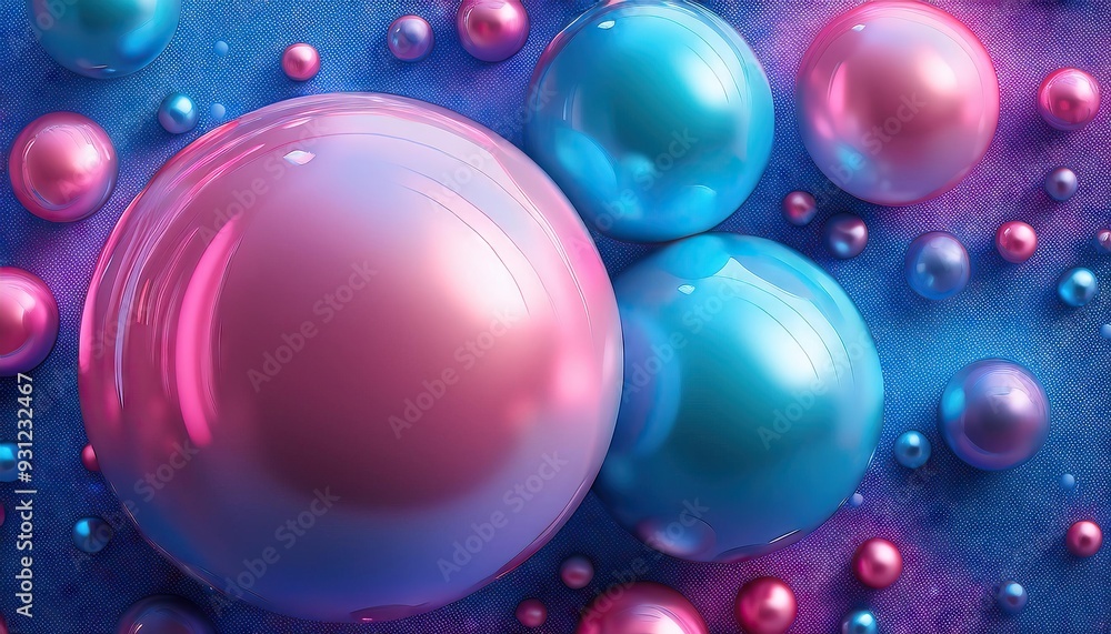 Colorful abstract scene with blue and pink shiny spheres floating in a vibrant space Colorful abstract scene with blue and pink shiny spheres floating in a vibrant space