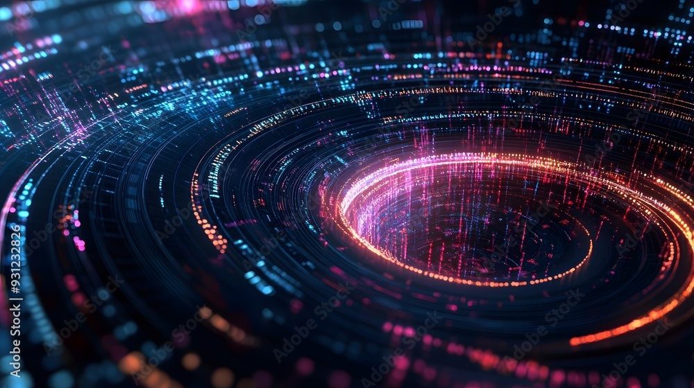 Circular abstract patterns representing data flows across a dark digital grid Circular abstract patterns representing data flows across a dark digital grid