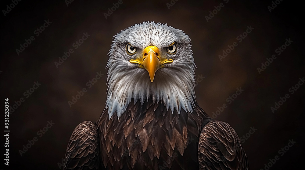 Obraz premium A bald eagle displays an intense gaze, showcasing its detailed feathers and powerful presence in a dramatic setting