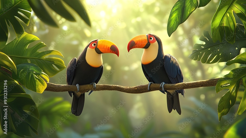 Two toucans perched on a branch in a lush tropical jungle. Two toucans perched on a branch in a lush tropical jungle.