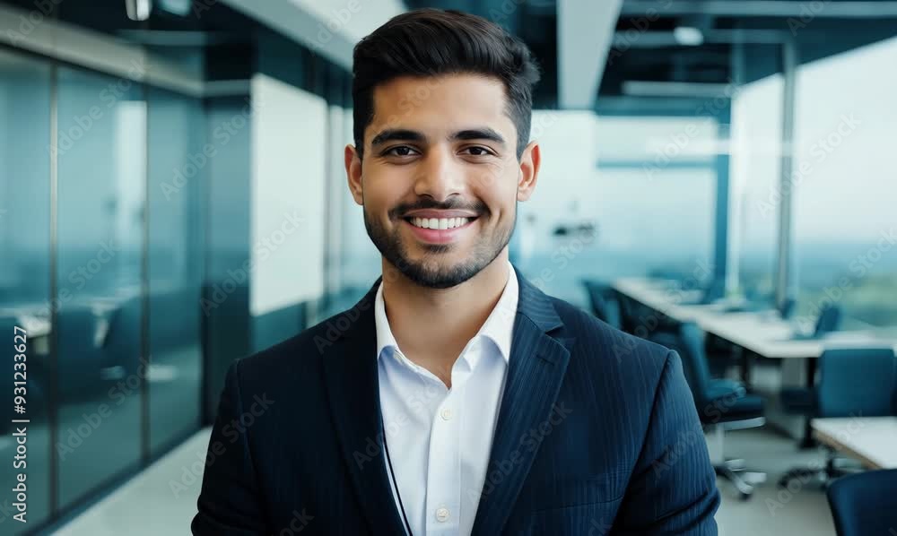 Portrait of a smiling young businessman standing in an office, looking at camera. Portrait of a smiling young businessman standing in an office, looking at camera.