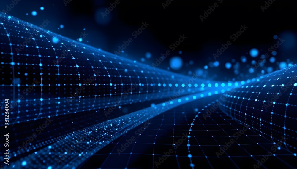 Naklejka premium Blue glowing digital waves with sparkling particles, dark background