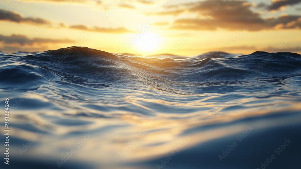 Fototapeta premium Golden sunlight spills over peaceful ocean waves as the sun sets, creating a serene atmosphere on the water