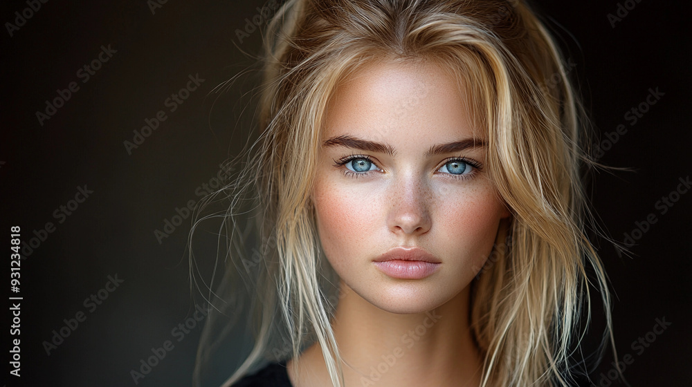 A young woman gazes directly at the viewer, her blonde hair softly illuminated and framing her beautifully A young woman gazes directly at the viewer, her blonde hair softly illuminated and framing her beautifully