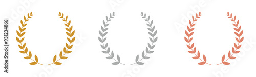 Laurel wreath of victory icon, set of gold, silver and bronze medals, laurel frame ranking decoration - vector