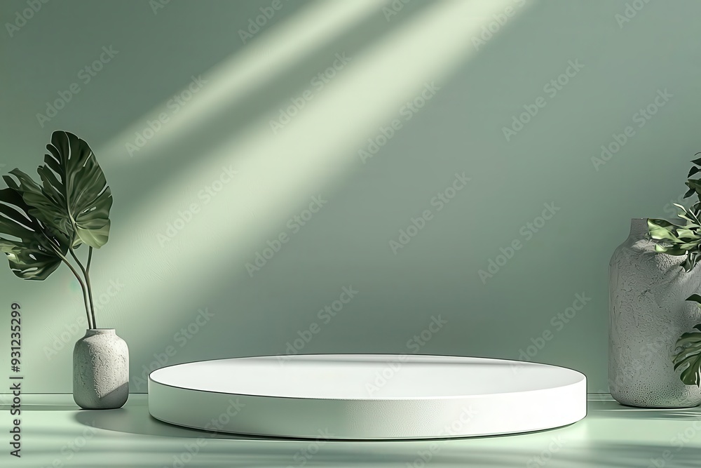Minimalist studio scene with a circular podium, green wall, and decorative plants. Perfect for presentations or product displays. Minimalist studio scene with a circular podium, green wall, and decorative plants. Perfect for presentations or product displays.