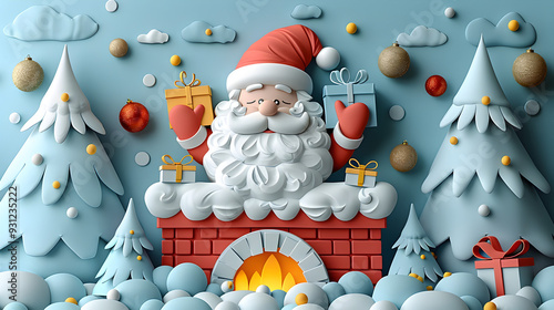 Jolly Santa Claus Descending Down Chimney With Gifts In Pastel Paper Art Style