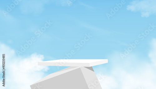 Sky Blue,Cloud Background,White Podium Platform for Cosmetic Product,Summer Backdrop,3d Display Stage for Presentation Banner Design,Vector Graphic abstract scene of nature landscape