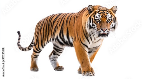 Wallpaper Mural A Bengal Tiger with orange and black stripes, walks toward the camera on a white background. Torontodigital.ca