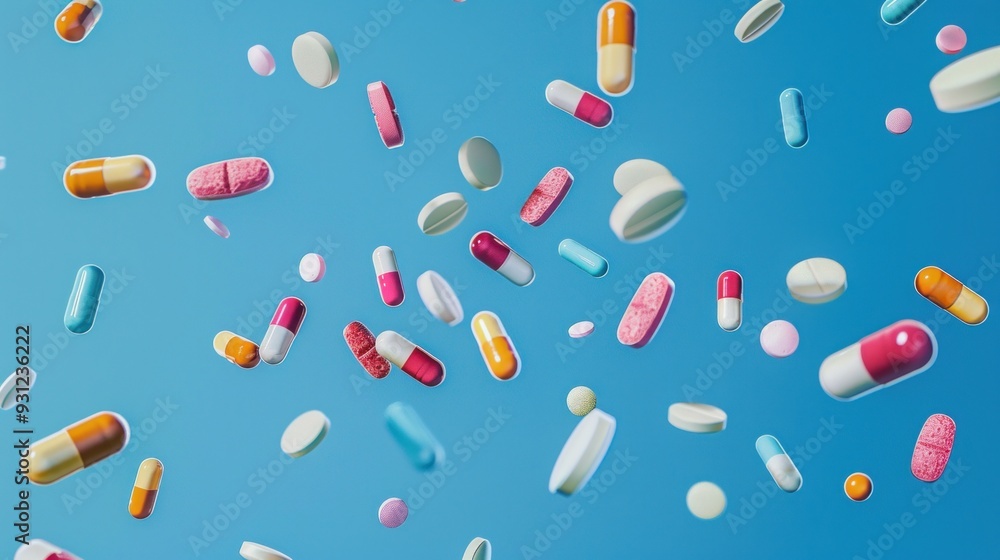 Falling Pills on Blue Background Falling Pills on Blue Background