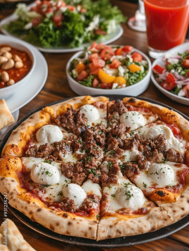 Delicious pizza with mushrooms, tomatoes, and salami on a plate Delicious pizza with mushrooms, tomatoes, and salami on a plate