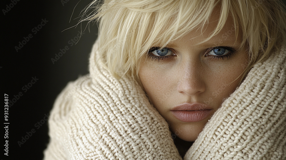 A woman with short blonde hair and blue eyes gazes thoughtfully, wrapped warmly in a chunky knit scarf, embodying a serene winter atmosphere A woman with short blonde hair and blue eyes gazes thoughtfully, wrapped warmly in a chunky knit scarf, embodying a serene winter atmosphere