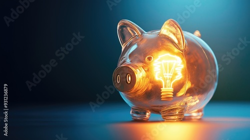Green electic electric bulb piggy bank on neutral studio background as energy saving concept poster or banner