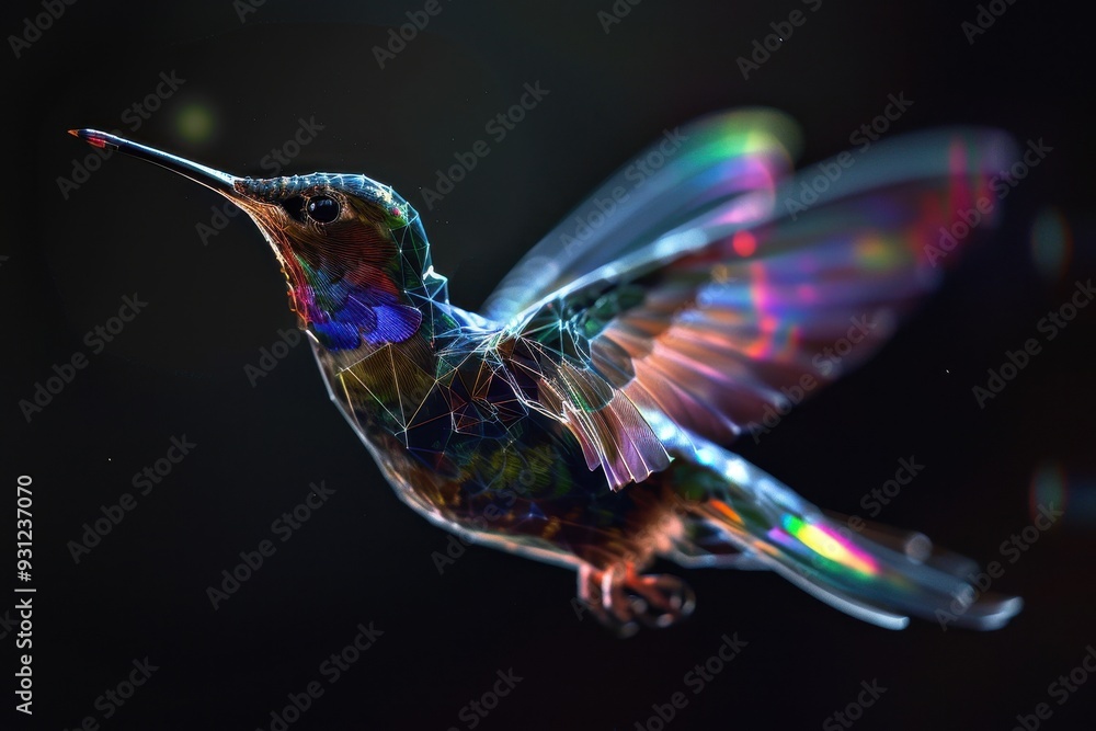 Obraz premium A holographic bird in flight, with wings that shimmer and change colors. 