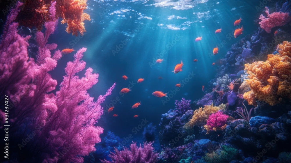 Naklejka premium Underwater scene with colorful corals and fish swimming.