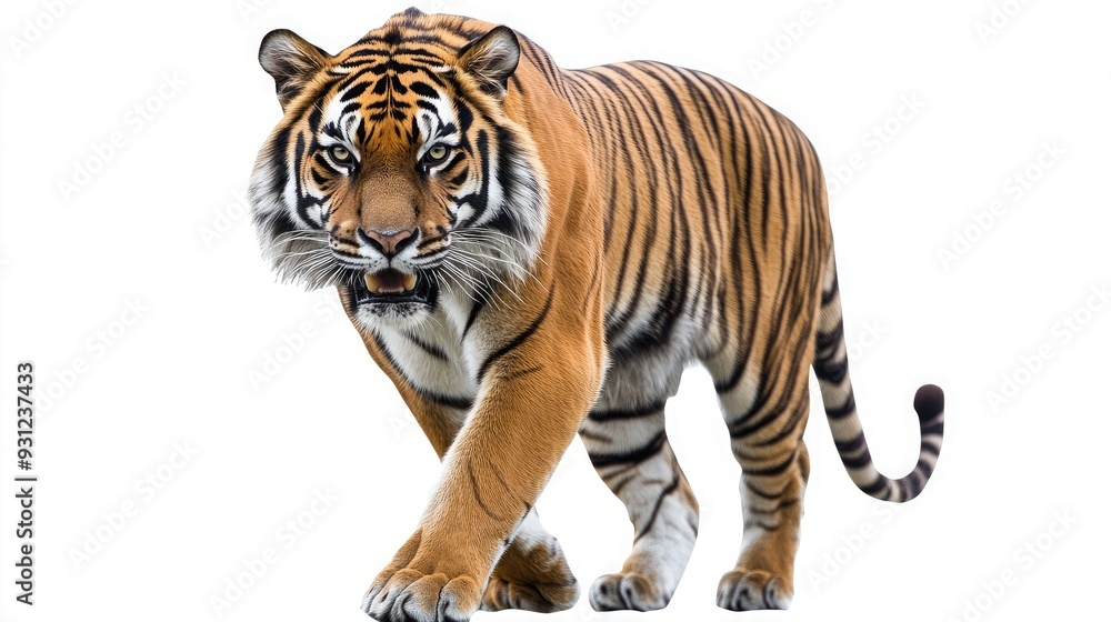 Fototapeta premium A close-up of a tiger walking towards the camera, isolated on a white background.