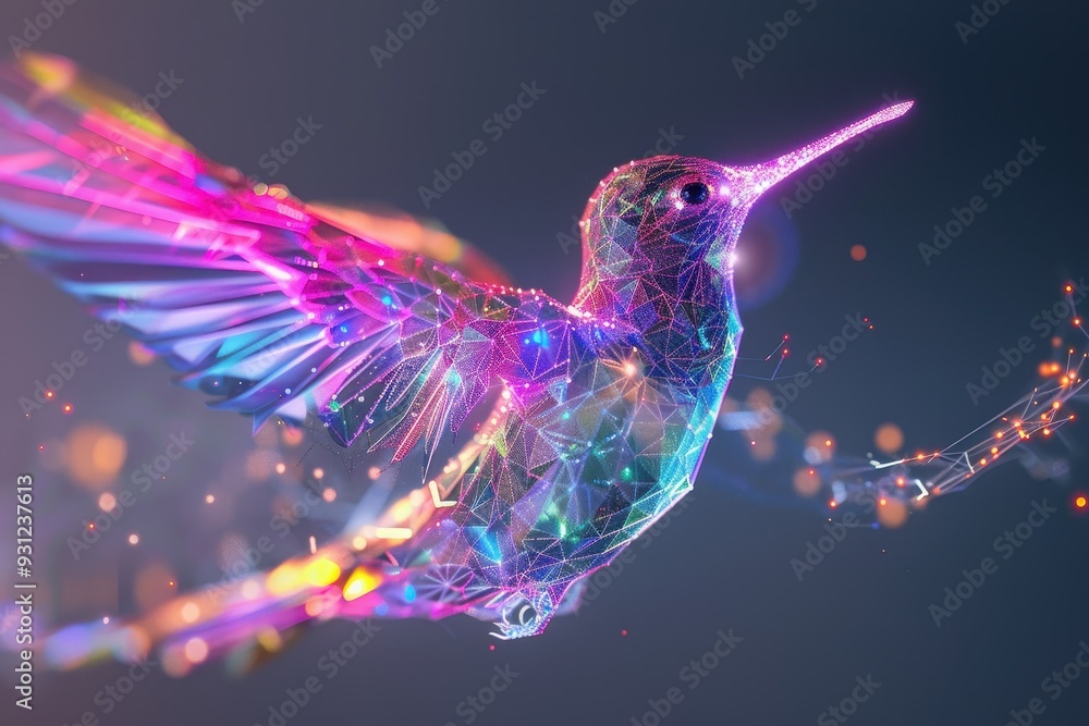 Obraz premium A holographic bird in flight, with wings that shimmer and change colors. 