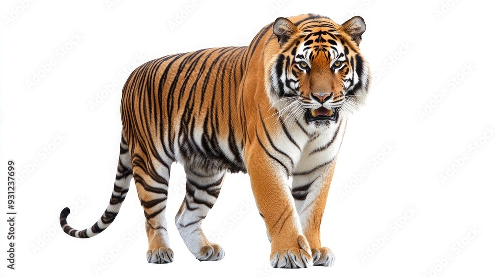 A close-up shot of a tiger with a white background. The tiger is looking directly at the camera and its mouth is slightly open, showing its teeth. A close-up shot of a tiger with a white background. The tiger is looking directly at the camera and its mouth is slightly open, showing its teeth.