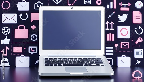 A white laptop computer on a pink background with various pink objects and shapes around it