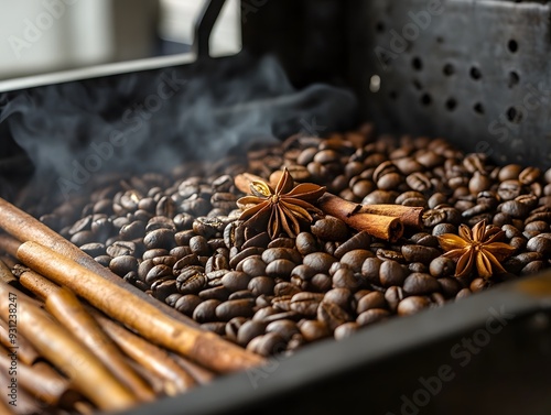 Roasted coffee beans in a wooden bowl photo