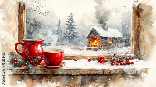 Cozy Winter Vibes - Detailed Watercolor Painting of Fireplace and Hot Chocolate