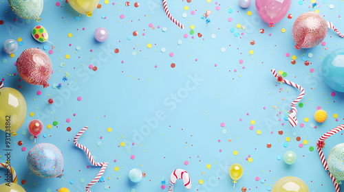 Party balloons illustration, Confetti and ribbons greeting background, image of colorful balloons with skyblue background, 3d rending, Party background with beautiful balloons
