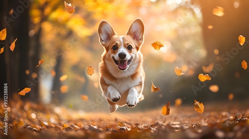 Corgi dog running and jumping in autumn forest, smiling face looking at camera, golden leaves flying around,