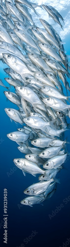 Obraz premium Silver fish shoal gracefully swimming in unison, forming a mesmerizing, cloud-like formation under the ocean's surface