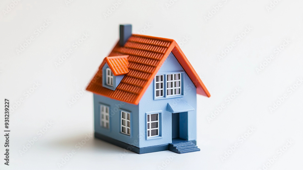 A miniature blue house with an orange roof sits on a white surface, symbolizing architecture and design A miniature blue house with an orange roof sits on a white surface, symbolizing architecture and design