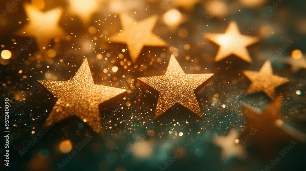 Golden stars twinkle with a dazzling sparkle, creating a magical atmosphere on a dreamy, soft background Golden stars twinkle with a dazzling sparkle, creating a magical atmosphere on a dreamy, soft background