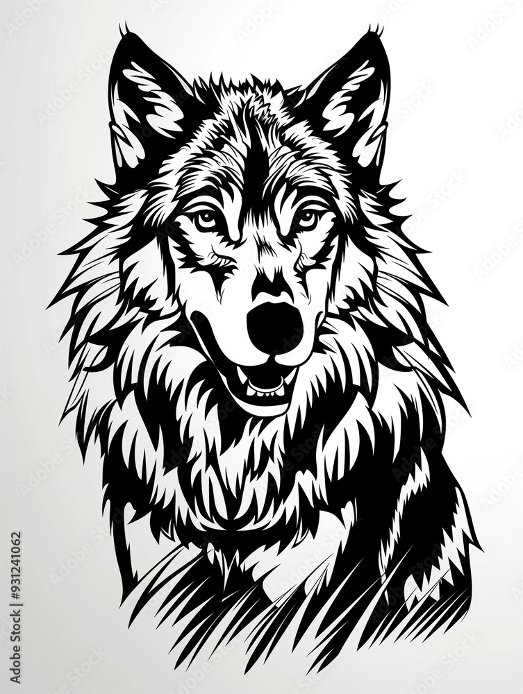 A wolf with a black and white fur and a black nose. The wolf has a happy expression on its face A wolf with a black and white fur and a black nose. The wolf has a happy expression on its face