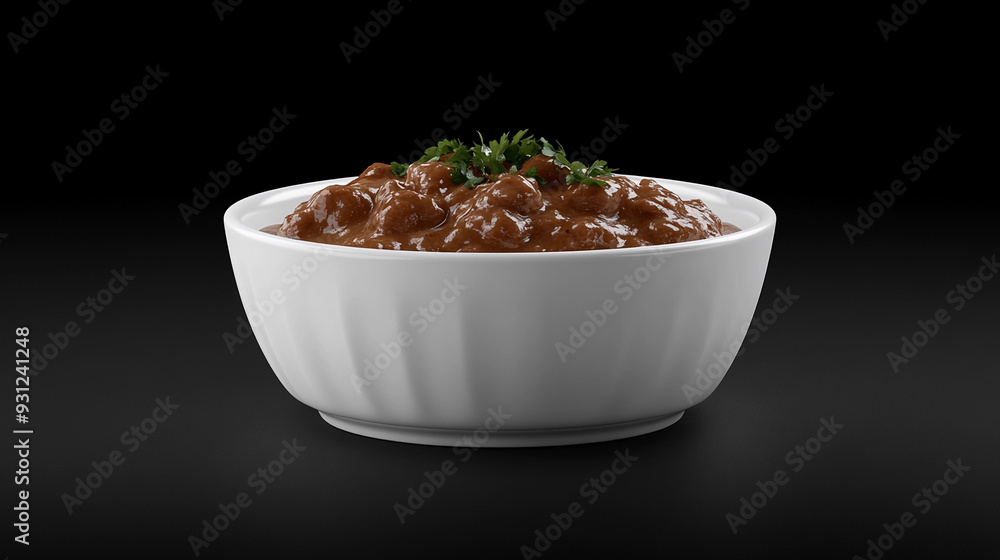 A bowl filled with rich chili topped with fresh herbs sits beautifully against a dark backdrop A bowl filled with rich chili topped with fresh herbs sits beautifully against a dark backdrop
