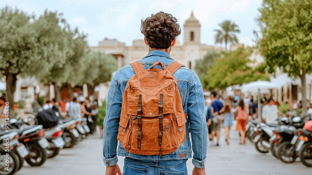 Naklejka premium A traveler walks through a lively town square filled with people and surrounded by motorcycles on a sunny day