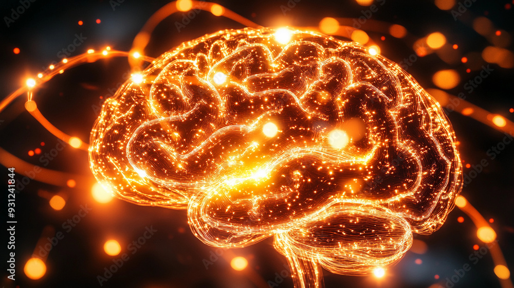 Fototapeta premium A vivid brain illustration with glowing neural connections, showcasing a fusion of art and science in a captivating display of creativity