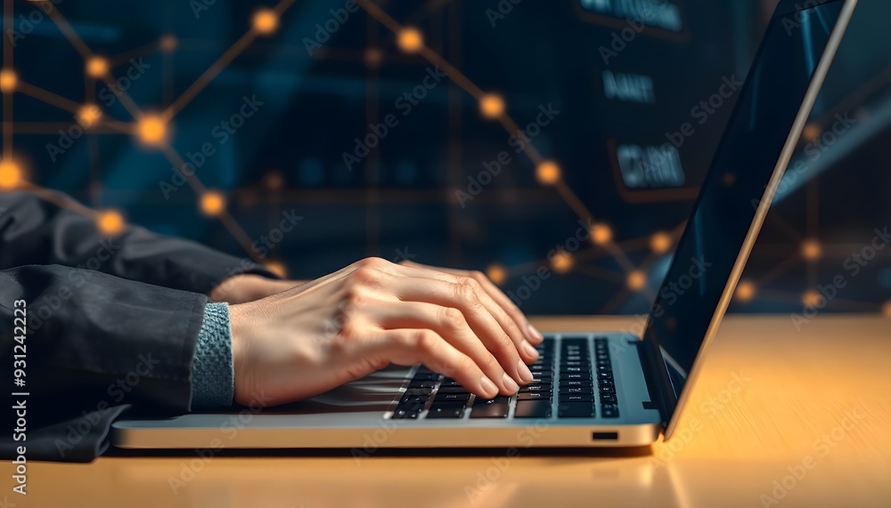 A person's hands typing on a laptop keyboard in a dimly lit room with abstract geometric shapes in the background A person's hands typing on a laptop keyboard in a dimly lit room with abstract geometric shapes in the background