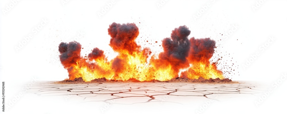 flammable methane gas flaring from cracks in dry farmland, isolated on a white background flammable methane gas flaring from cracks in dry farmland, isolated on a white background