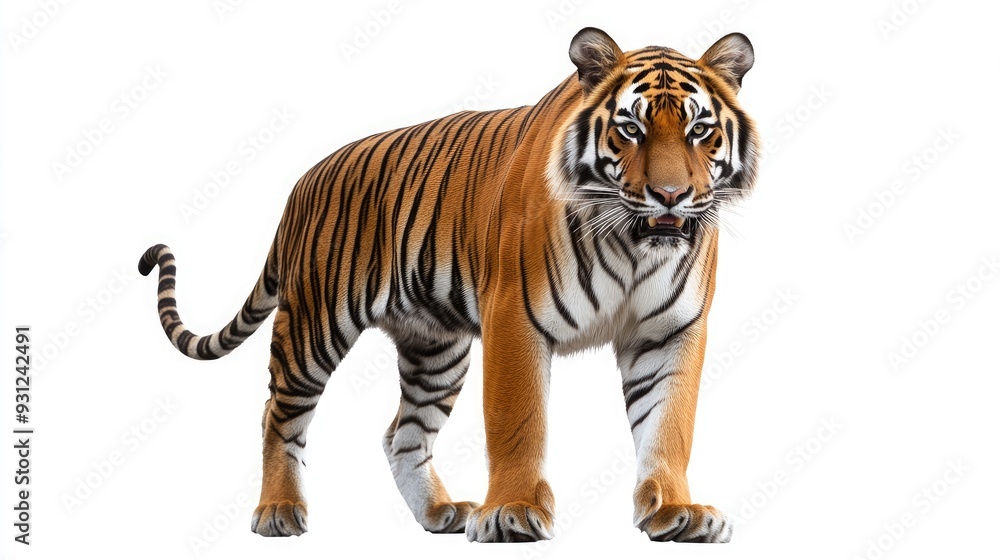 Obraz premium A majestic tiger stands with its paws firmly planted on the ground, showcasing its orange and black striped fur, sharp claws, and intense gaze.