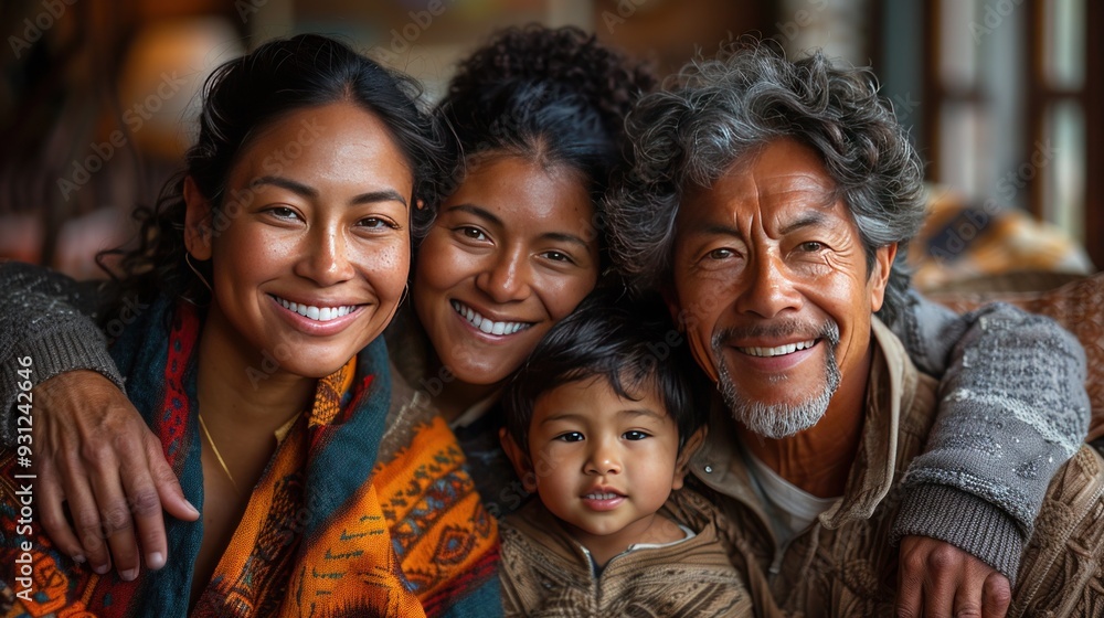 Happy Multi-Generational Family Portrait with Grandparents, Parents, and Child in Cozy Home Setting Happy Multi-Generational Family Portrait with Grandparents, Parents, and Child in Cozy Home Setting